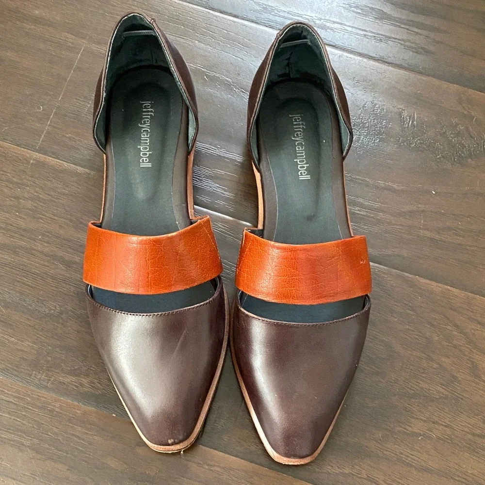 Jeffrey Campbell Joel’s Dark Brown and Rust Leather D’Orsay Flats. Size-9